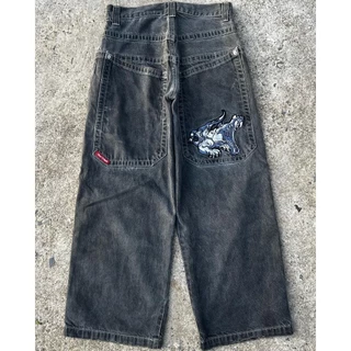Streetwear JNCO Jeans Y2k Hip Hop Cartoon Impressão Gráfica Vintage Baggy Calça Preta Homens Mulheres Cintura Alta Perna Larga