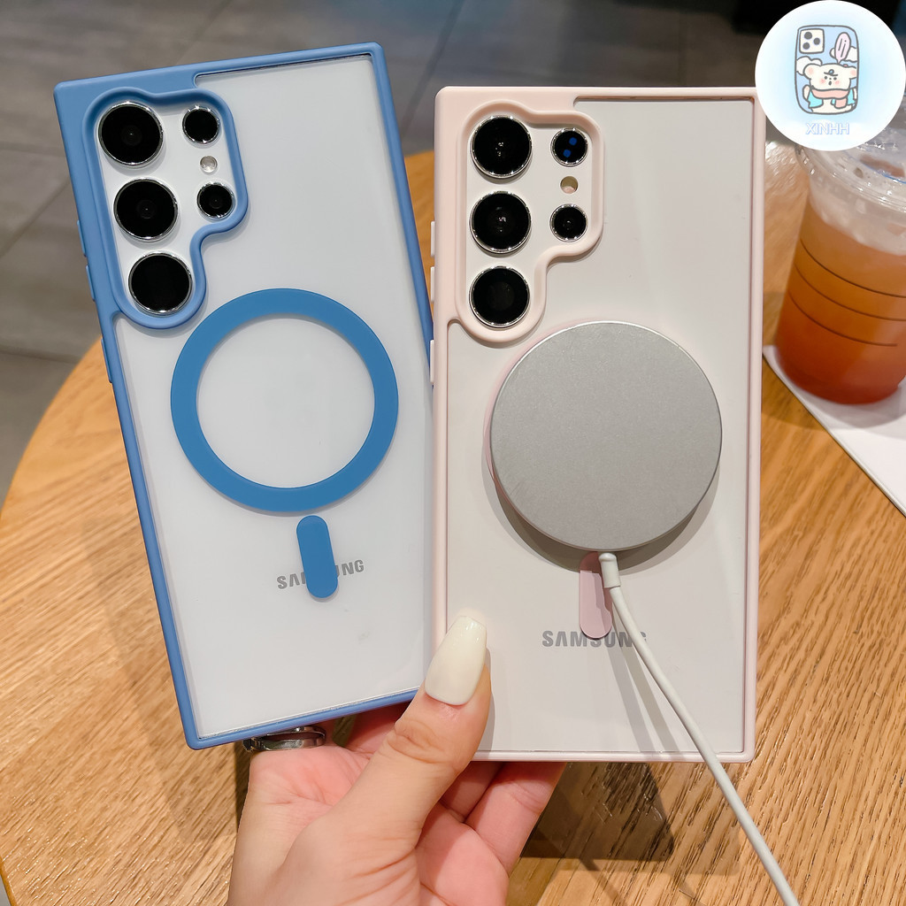 Caixa De Proteção Acrílica Magnética Para Telefone Samsung Galaxy S24 S23 S22 Puls S22 S23 S24 Ultra S23 FE Advanced Solid Color Phone Cover Embalagem Completa Contra Queda