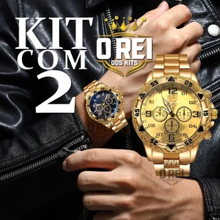 Kit com 2 relogio masculino banhado a ouro relógio masculino prata aço inox