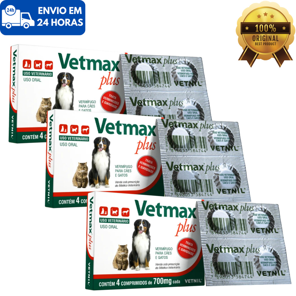 Kit 1/2/3 Caixa Vermifugo Vetmax Plus Cães e Gatos Vetnil Amplo ...