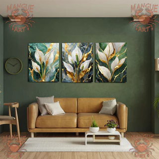 Kit trio quadros decorativos luxo, para sala, quarto, hall, copa, escritorio, salão de beleza Flores de lirio branco e dourado fundo de marmore. impressão em tela acetinada.