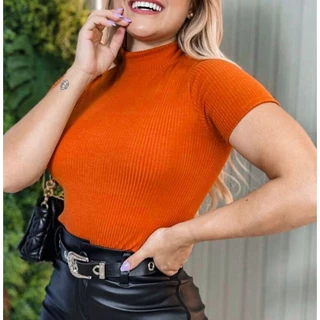Blusa Canelada Feminina Manga Curta Gola Alta Tecido Premium moda Feminina segunda pele