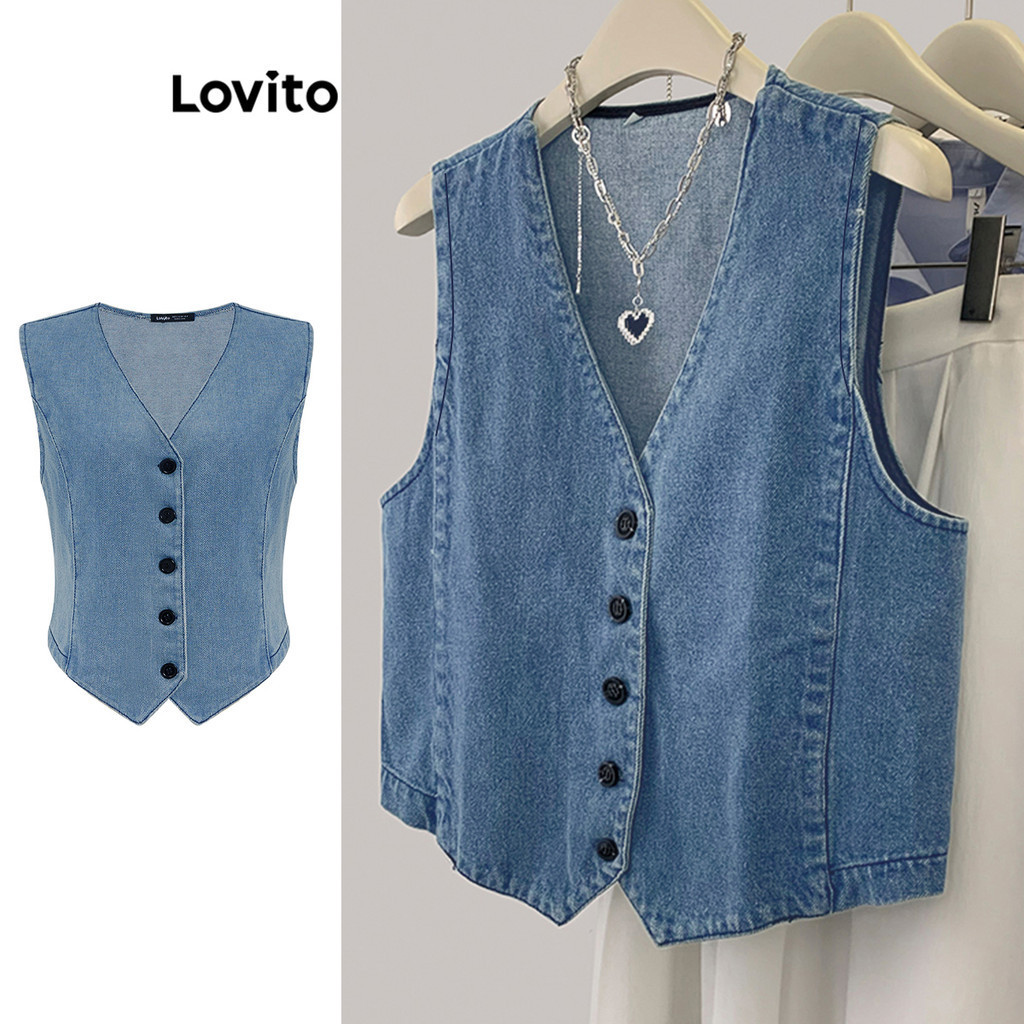 Lovito Regata Jeans Casual Lisa com Botão Frontal LNE22048 (Azul /Azul Claro) 