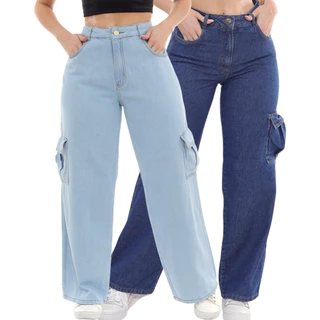Kit 2 Calças Feminina Wide Leg Pantalona Cargo + 5 Cores