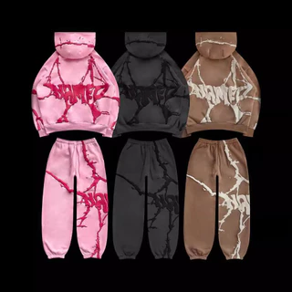 Europa, Estados Unidos e lã, impressão de espuma de cabelo, suéter de três cores com capuz outono e inverno, conjunto de personalidade grande e solto
