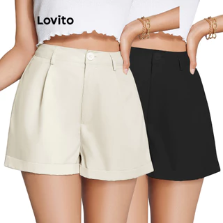 Lovito Shorts Básicos com Botão e Barra Dobrável para Mulheres LBE02011 (Damasco)