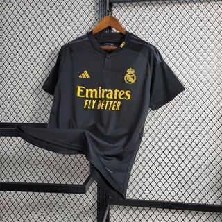 23 /24 Real Madrid R-M Camisa de Futebol Segunda Jersey Camisa Longa Camisa Preta Masculina
