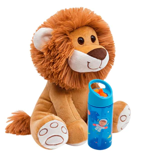 Garrafa Infantil Canudo Retrátil 400ml Astronauta + Pelucia Meu Leaozinho Caramelo Antialergico 25cm
