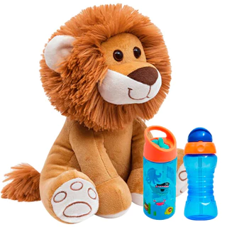 Garrafa Infantil 400ml Pirata + Garrafa Infantil 300ml Azul Marinho + Meu Leaozinho 25cm - Buba