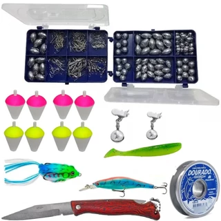 Kit de Pesca Esportiva Anzol Iscas Articiais Boias Giradores