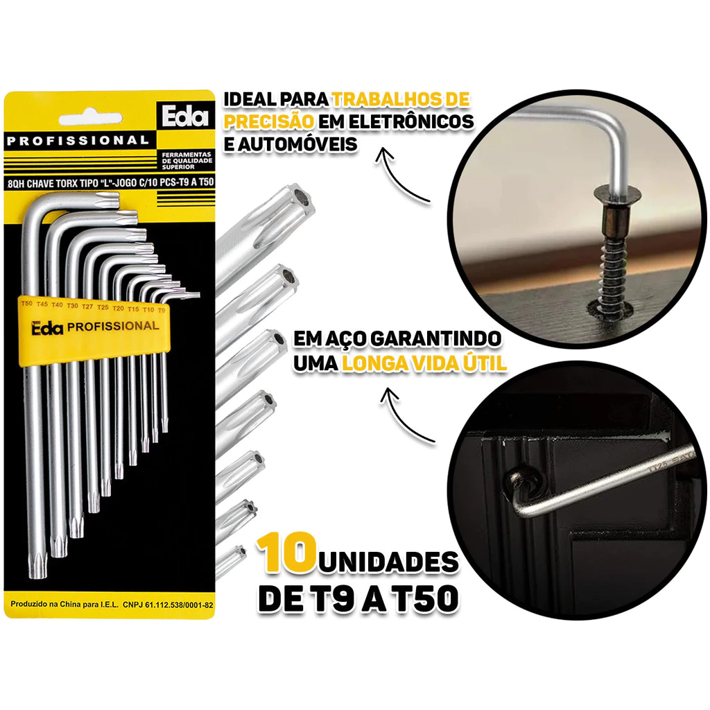Conjunto De Chaves Torx Longa Aço Tipo L Com Furo Para Torque 10 Peças T9 A T50 Suporte Eda