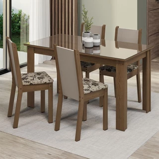 Conjunto Sala de Jantar Mesa Tampo de Vidro 4 Cadeiras Rustic/Crema/Bege Marrom Suzy Madesa em Oferta na Shopee