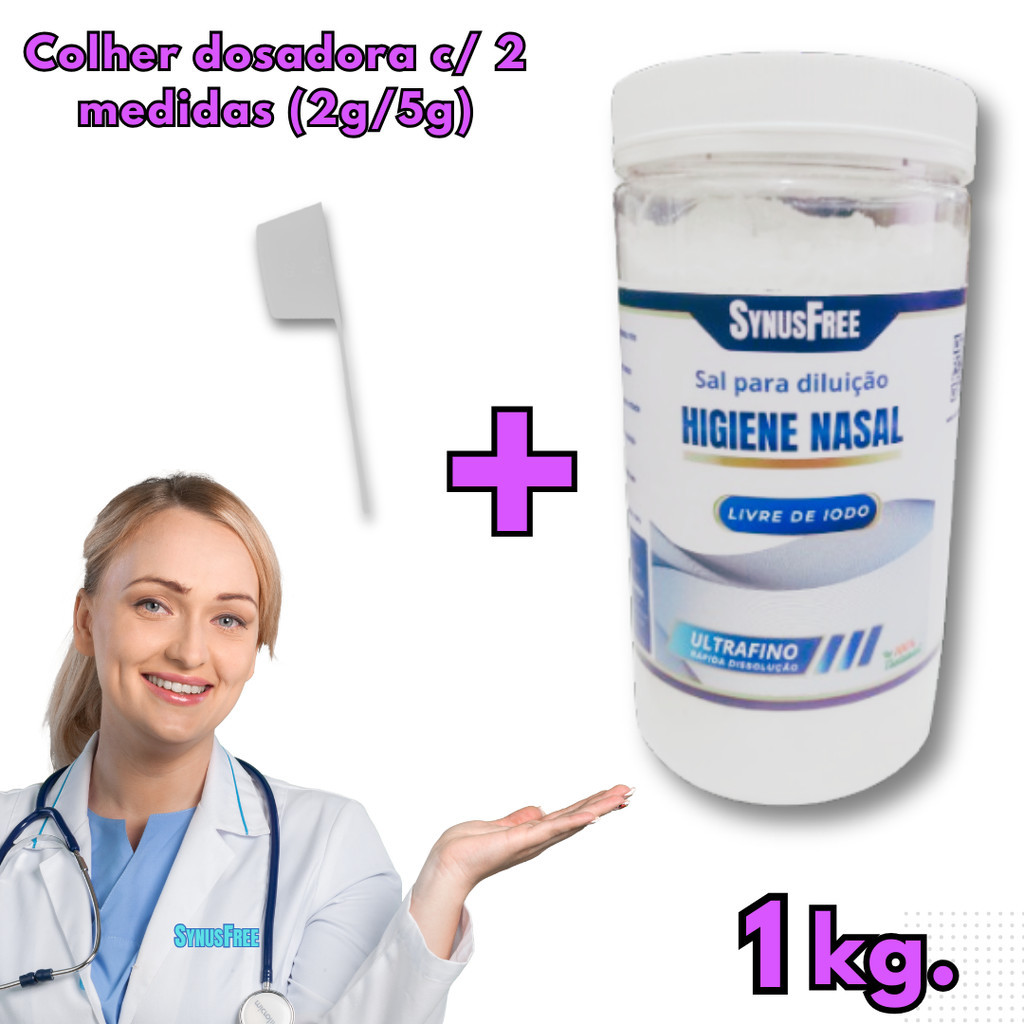 Sal Para Lavagem Nasal Ultrafino 1kg Sem Iodo Com Dosador SynusFree