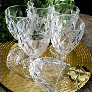 Jogo 6 Taças de Vidro Diamante Transparente 320ml Suco Água Vinho Bebidas