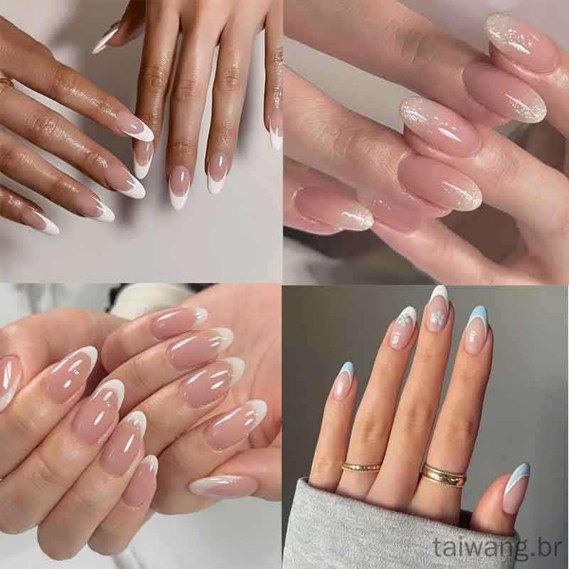 24 Pcs unhas postiças decoradas francesinha amendoadas realista Com ...