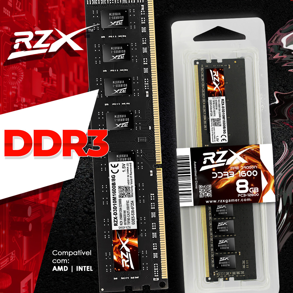 Memória RAM DDR3 PC 8GB 1600MHz PC3-12800 1.5V RZX Original NO BRASIL ...