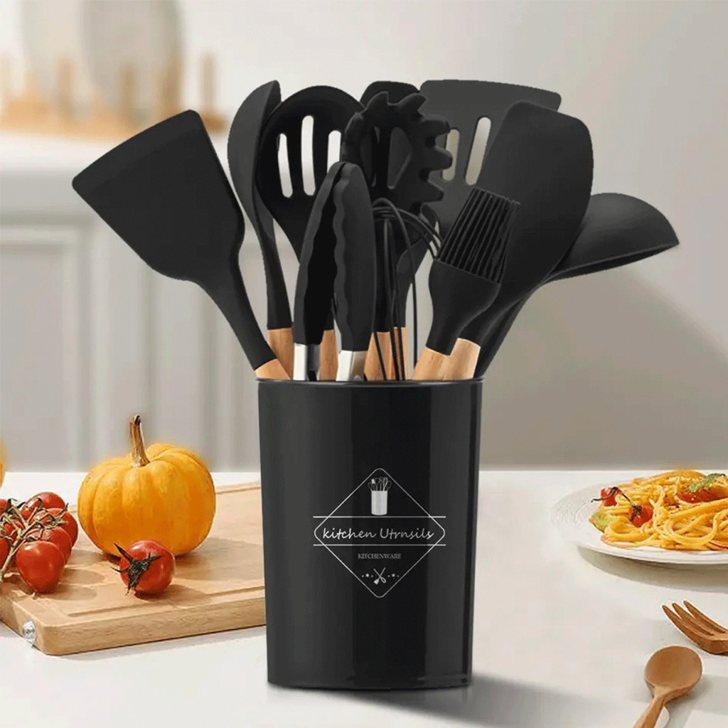 Jogo Kit 12 Peças /kit com 5 peças Utensílios De Cozinha Colheres Espátula Silicone Cabo Madeira Moderno