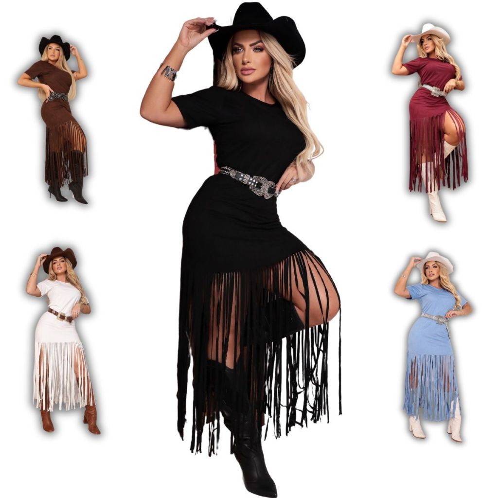 VESTIDO COM FRANJA COUNTRY SUEDE RODEIO ANA CASTELA P AO GG
