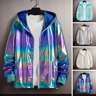 AR-Spring Autumn Bright Colorful Sunscreen Jacket Homens Com Capuz De Manga Comprida Bolsos Casaco Zíper Streetwear