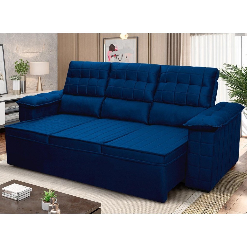 Sofá Retrátil Reclinável 4 lugares 2,30m Quantum Suede Velut Azul - King House