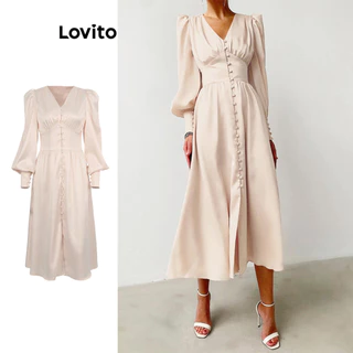 Lovito Vestido feminino elegante com botão liso LNL51086