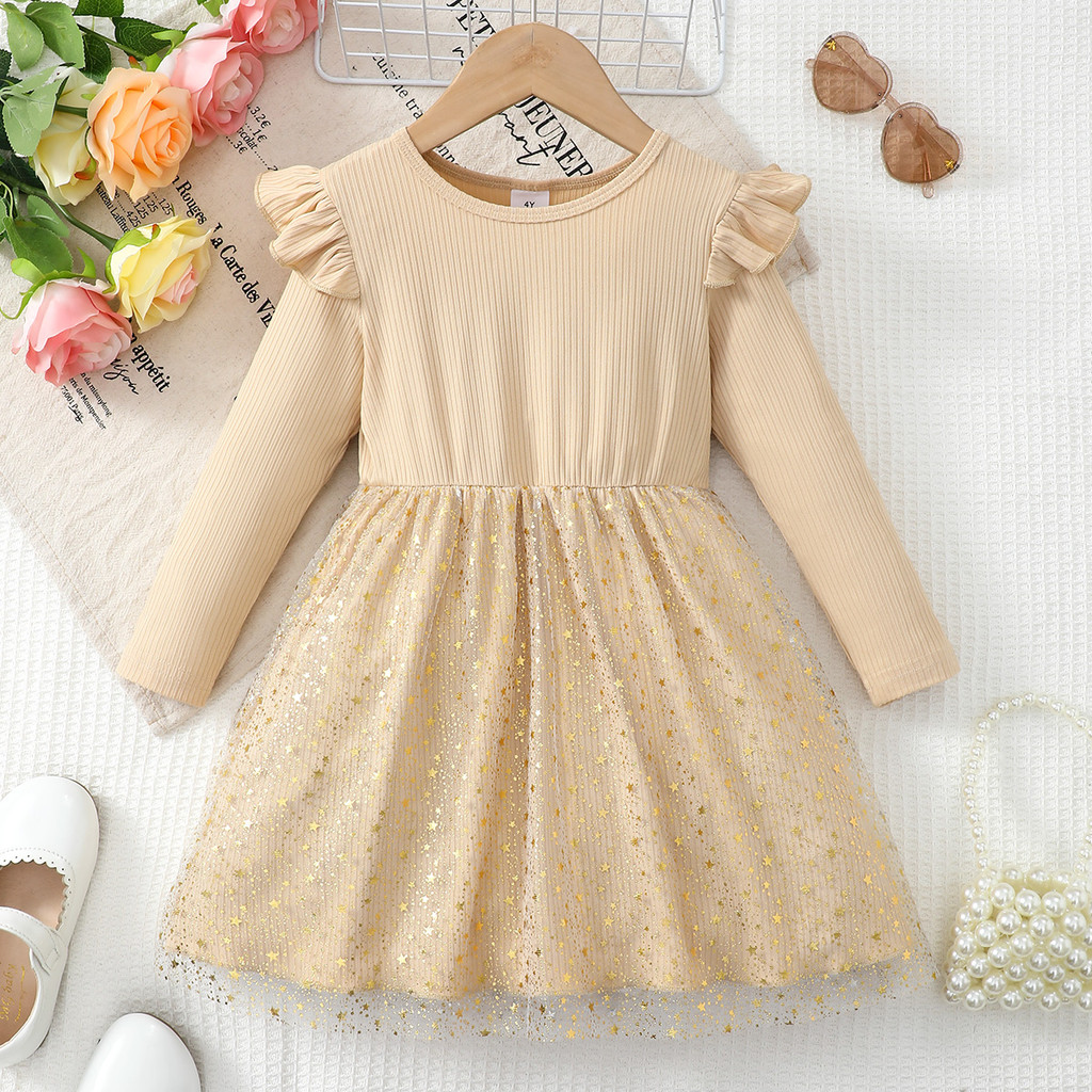 Vestido Para 2 A 7 Anos Criança Menina Cáqui Manga Comprida Estrela ...