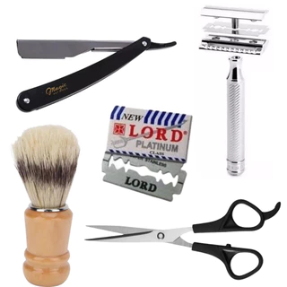 Kit Tesouras + Navalhete + Pincel Barbear + Barbeador