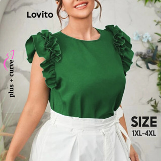 Lovito Blusa Plus Size Curva Elegante Com Babados Lisos Para Mulheres LNL37124 (Verde)