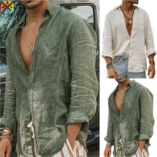Camisa De Linho De Algodão Casual Masculino Manga Longa Blusa Solta Botão Respirável