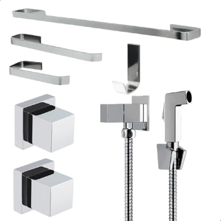 Kit de Acessórios para Banheiro Cromado + 1 Ducha Higienica + 2 Acabamentos - 100% Metal