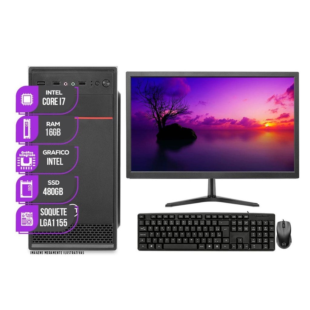 PC Completo Mancer, Intel Core i7, 16GB De Ram, SSD 480GB, Monitor 19 + Kit Teclado e Mouse