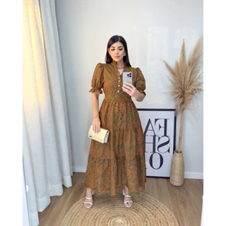 Vestido Em Lezie Bordado Detalhe em Botões Moda Evangelica
