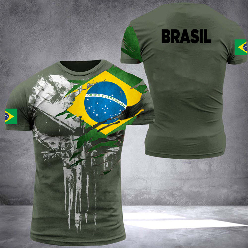 Camiseta Bandeira Brasil Masculina 3D Impressão Brasileira De Verão Manga Curta Esportiva Tática