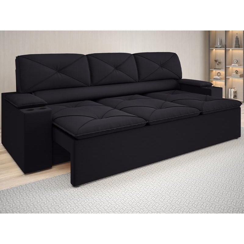 Sofá com Porta Copos Retrátil e Reclinável Pop 2,05m Velosuede Preto - NETSOFAS