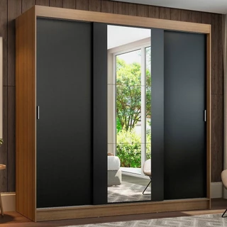 Guarda-Roupa Casal Madesa Reno 3 Portas de Correr com Espelho - Rustic/Preto em Oferta na Shopee