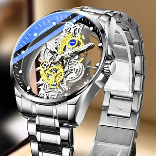 Relógio mecânico automático masculino luminoso dupla face transparente oco à prova d