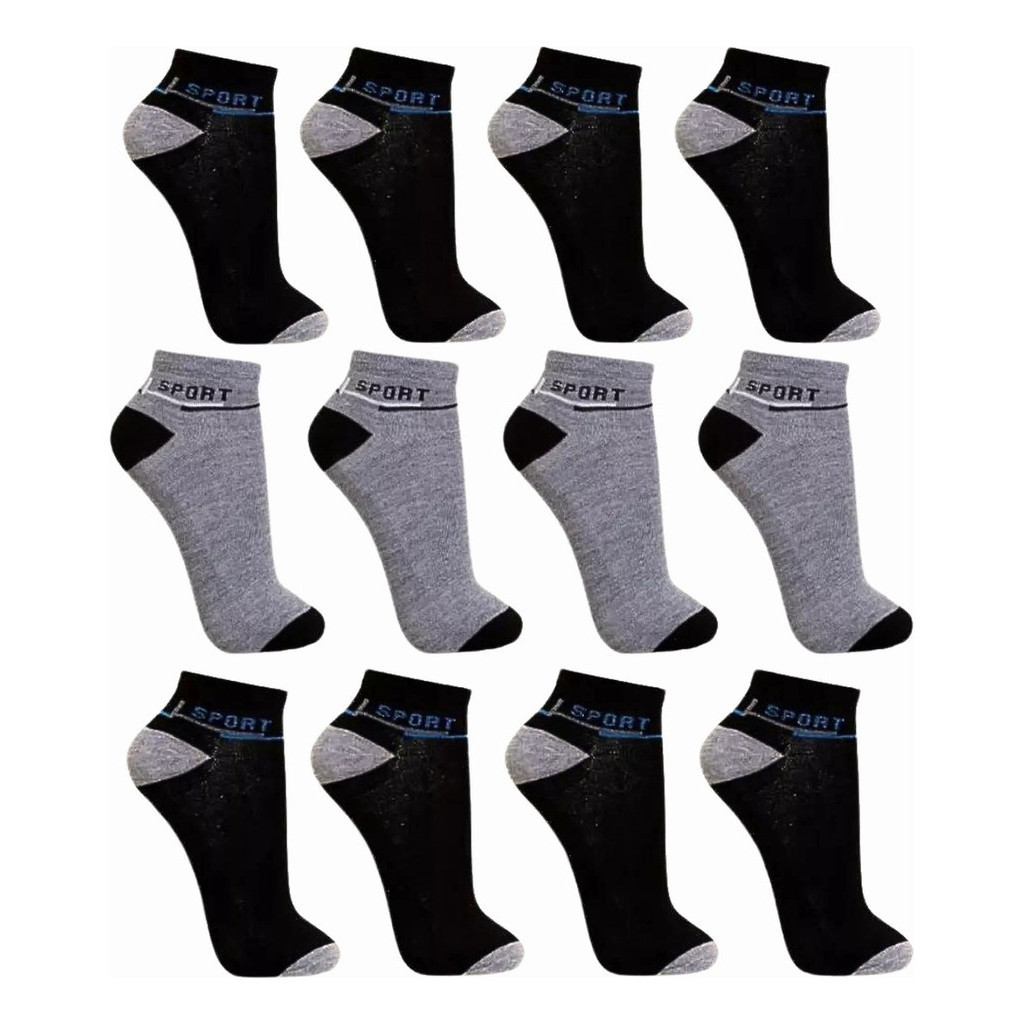 Kit 12 Pares Meias Masculina Casuais Cano Curto Soquete (Preto/Cinza/Azul Marinho)