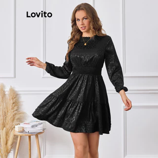 Lovito Vestido elegante liso com babado e decote para mulheres LBL12357