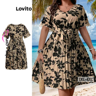 Lovito Vestido Plissado com Amarração e Estampa Floral Boho Elegante para Mulheres Plus Size LBL08207(Multicolorido)