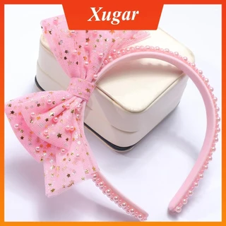 5.1polegadas Laço De Tule De Pérola Faixa De Cabeça Para Boutique Princesa Rosa Acessório Meninas