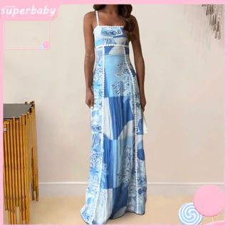Printed A-line Dress Boho Chic Floral Maxi for Women Sexy Backless Beach Vacation with Square Neckline and Strappy Details Summer