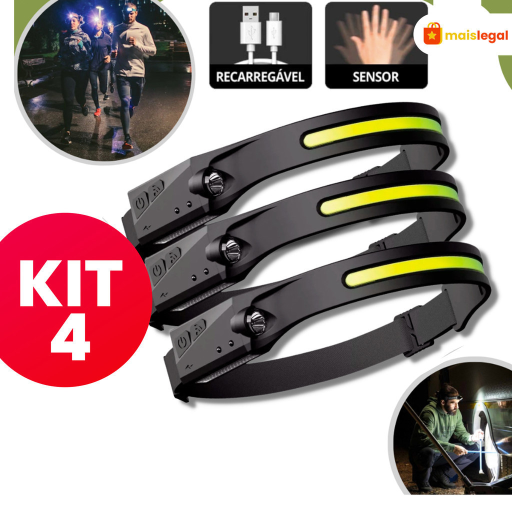 Lanterna de Cabeça Recarregável 3 Led Corpo Motion Camping Torch Light Lamp Com Usb