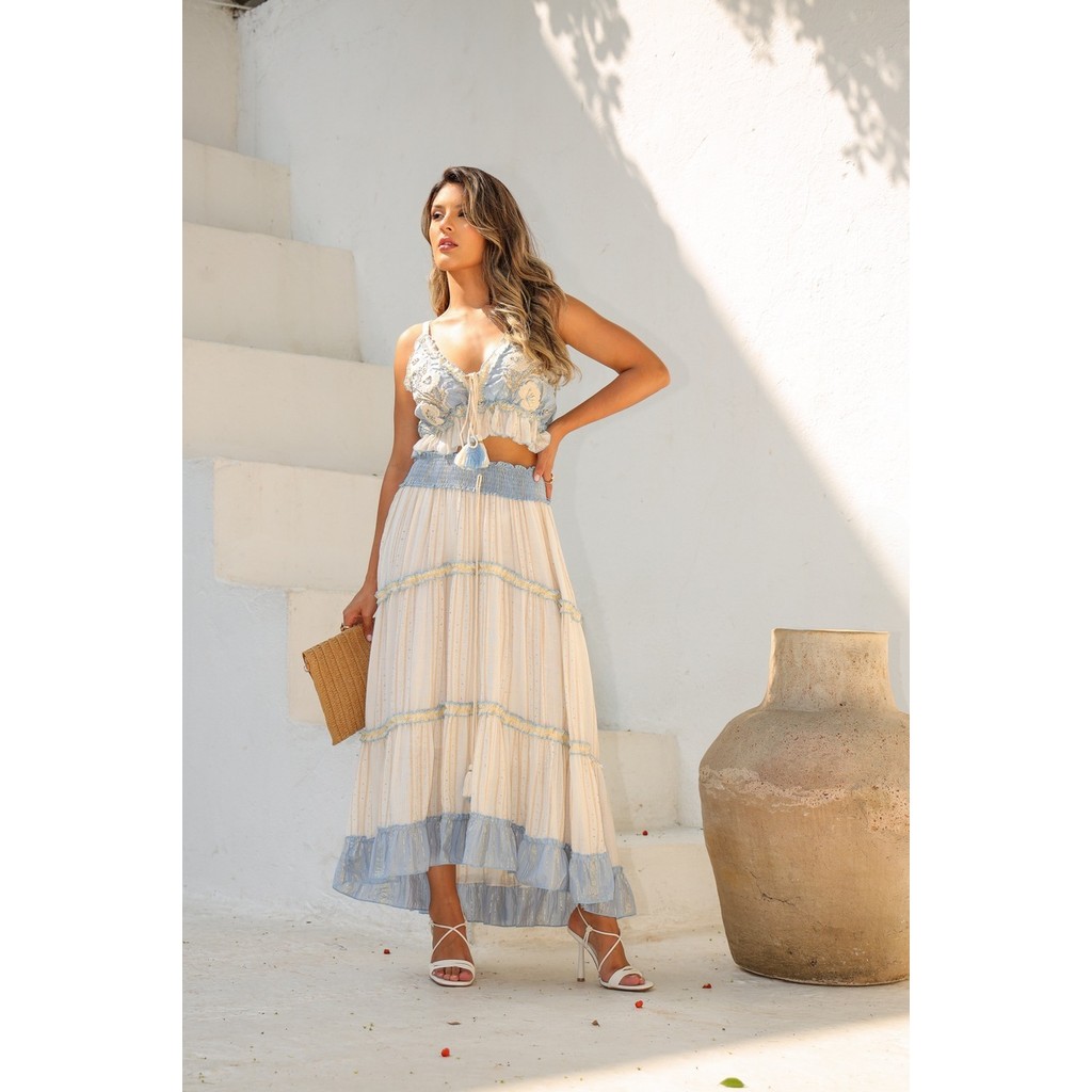 Conjunto Boho Chic Cropped Bordado e Saia Longa Rodada 5076