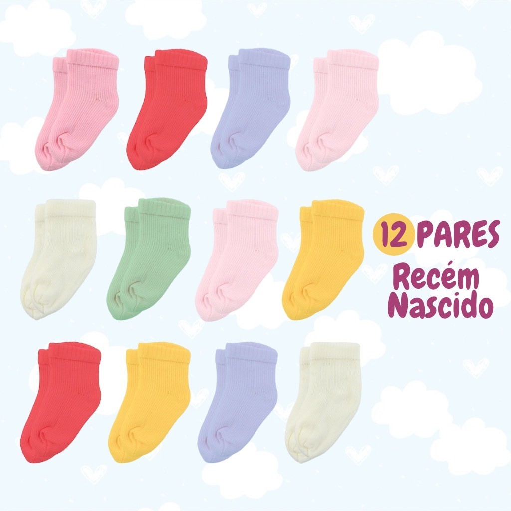 Kit 12 Pares de Meia Lisa Para Bebê (Recém Nascido) - Sortidas - 0 a 10 meses