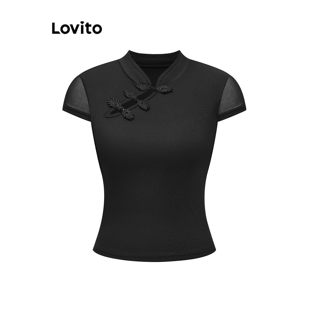 Lovito Casual Camiseta Feminina Lisa com Botão e Nó LBL09229