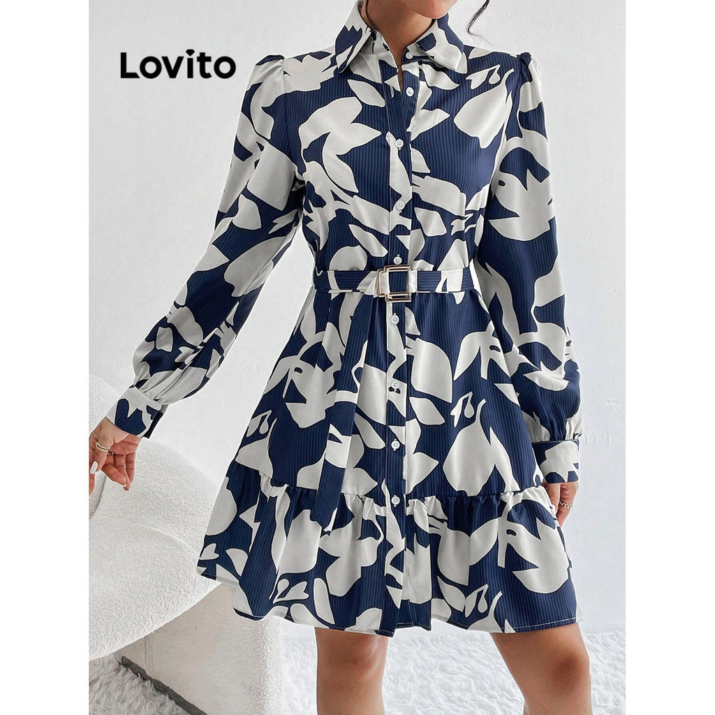 Lovito Vestido feminino casual com babados florais e botão frontal com cinto LBL11145