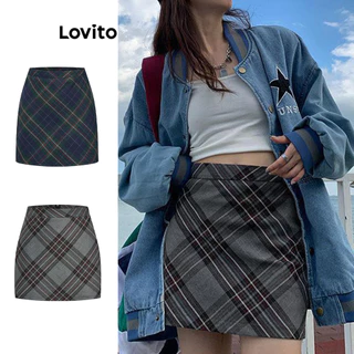 Lovito Casual Saia Feminina Gingham Básica L67AD149 (Cinza)