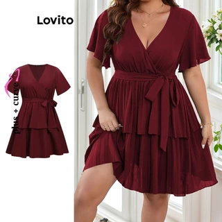 Lovito Plus Size Vestido Feminino Casual Liso com Camada Dupla LBL09431