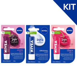 KIT NIVEA Protetor Labial Amora Shine 4,8g + Protetor Labial Original Care 4,8g + Protetor Labial Cereja Shine 4,8g