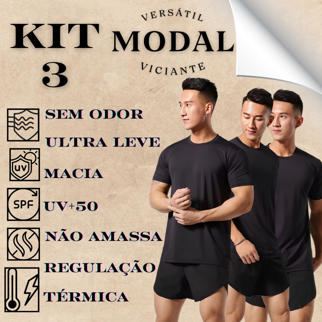 Kit 03 Camiseta Masculina Modal Tech Estilo Americano | Shopee Brasil